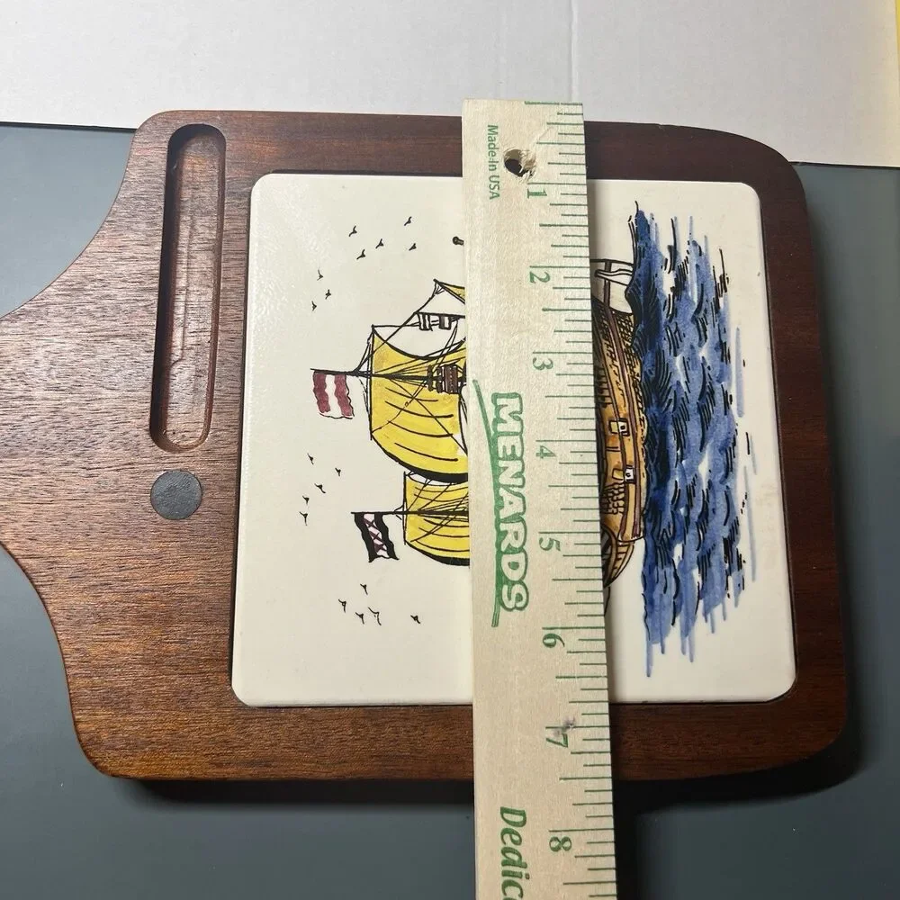 Vintage Wooden Cutting Board Cheese Tray with Hand Painted Ceramic Galleon Ship